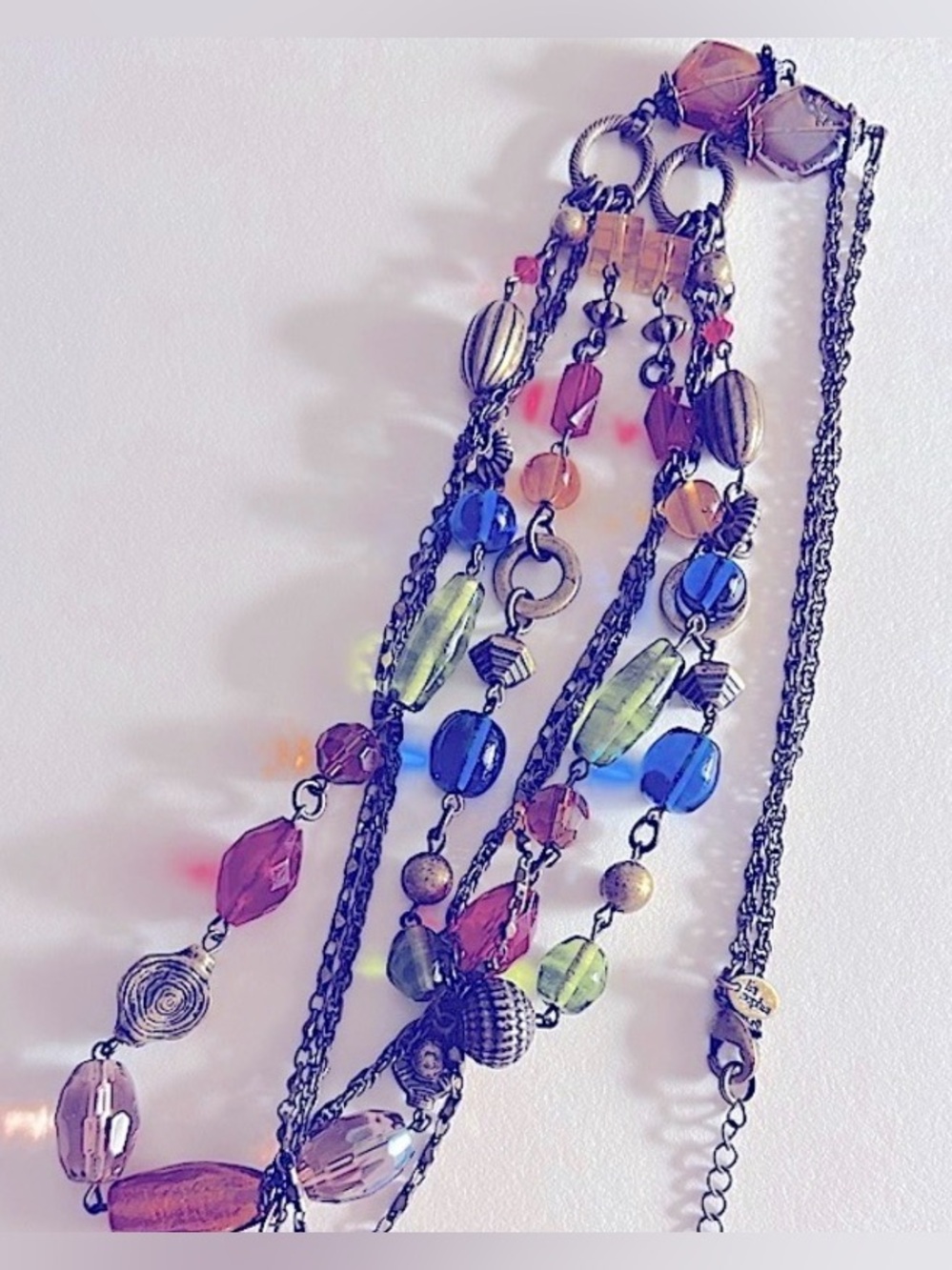 Necklace Lia Sophia jewel tone blue, red, amber, green glass & metal beads chain